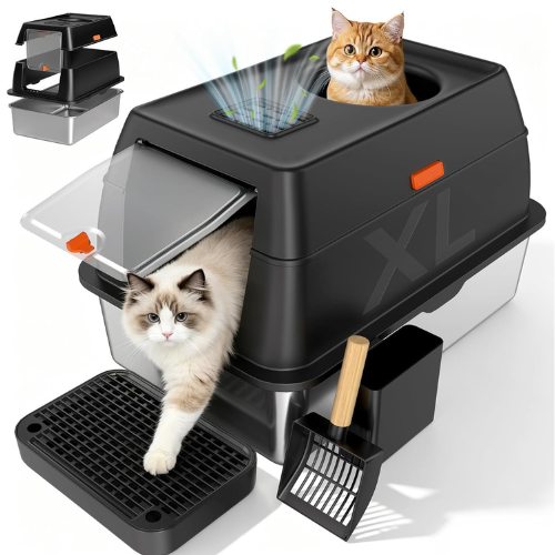 Extra Large Stainless Steel Enclosed Cat Litter Box with Lid & Scoop