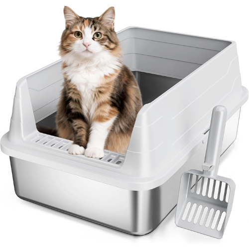 Stainless Steel Cat Litter Box with High Sides, Scoop & Anti-Slip Pads