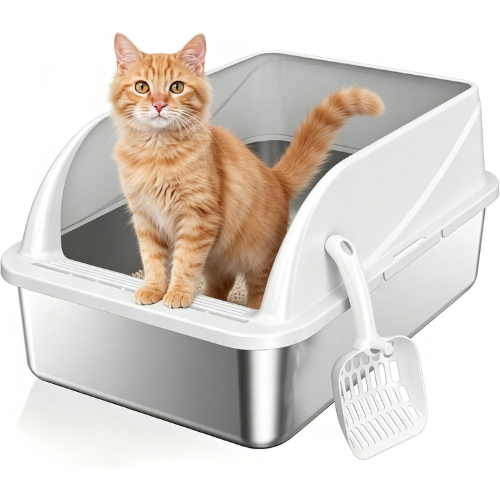Stainless Steel High-Sided Cat Litter Box with Scoop – Easy Clean Open Top Design