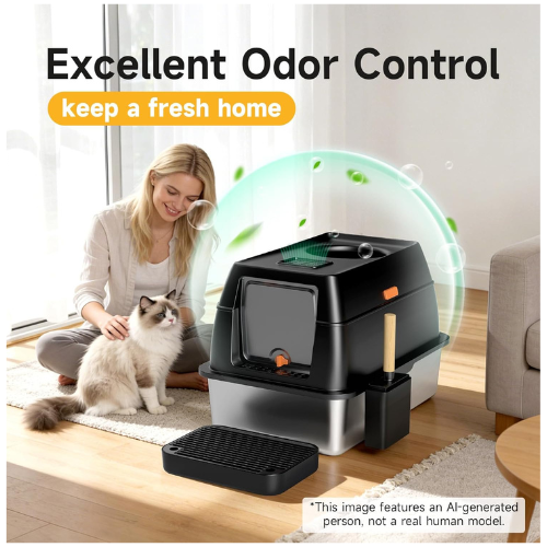 Extra Large Stainless Steel Enclosed Cat Litter Box with Lid & Scoop