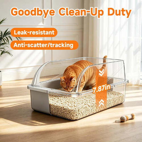 Stainless Steel High-Sided Cat Litter Box with Scoop – Easy Clean Open Top Design