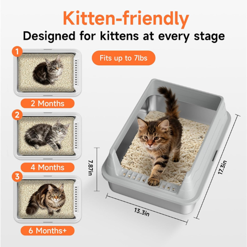 Stainless Steel Cat Litter Box with High Sides, Scoop & Anti-Slip Pads