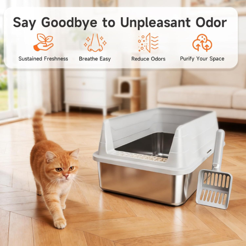 Stainless Steel Cat Litter Box with High Sides, Scoop & Anti-Slip Pads