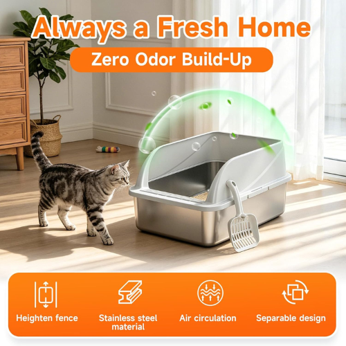 Stainless Steel High-Sided Cat Litter Box with Scoop – Easy Clean Open Top Design