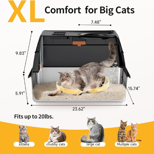 Extra Large Stainless Steel Enclosed Cat Litter Box with Lid & Scoop