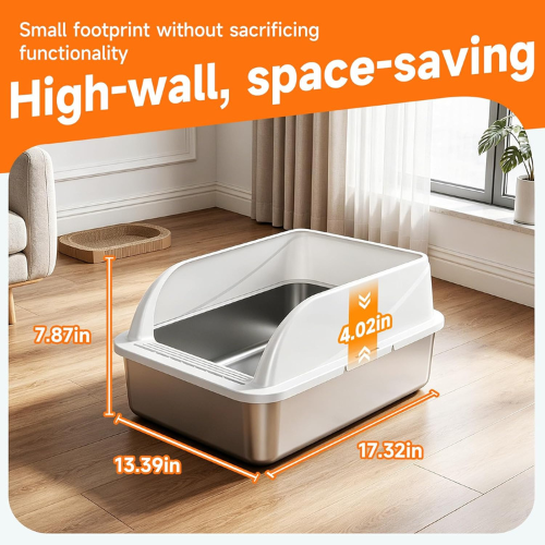 Stainless Steel High-Sided Cat Litter Box with Scoop – Easy Clean Open Top Design